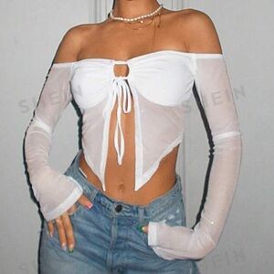 White off shoulder tie front drawstring mesh crop top